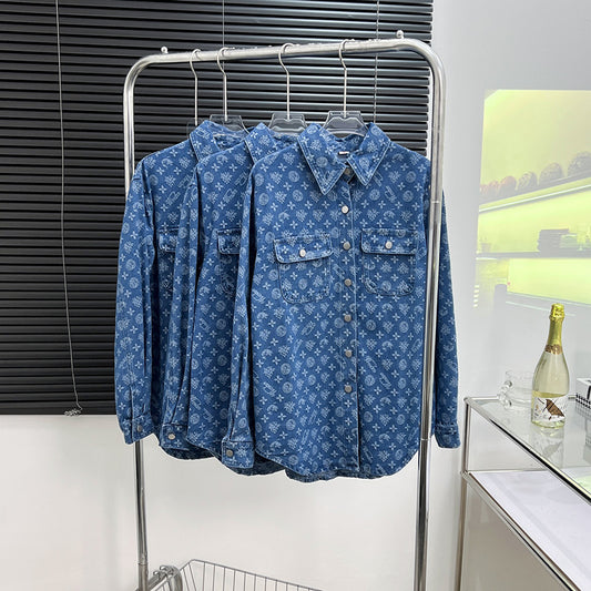 Women’s Printed Jacquard Denim Jacket – Spring Autumn Loose Casual Top