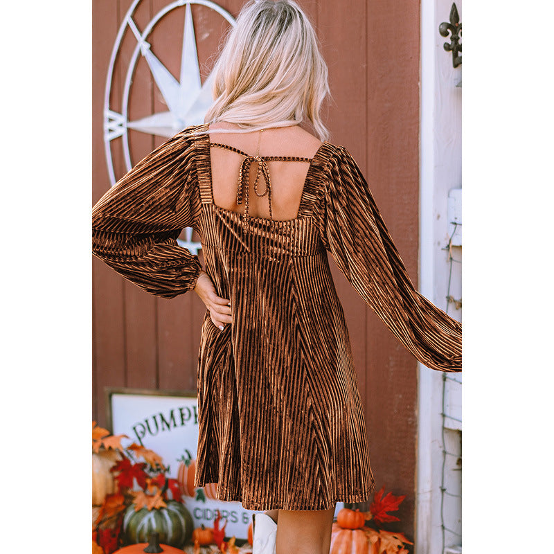 Autumn 2025 Women’s Velvet Dress – Square Neck Long Sleeve High-Waist Office Mini
