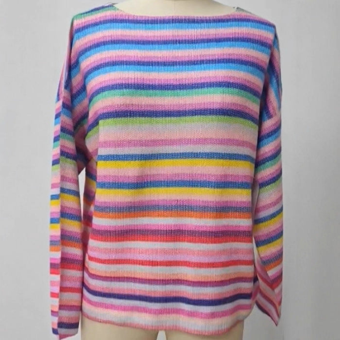 Women’s Rainbow Striped Sweater – Cozy Korean-Style Autumn Winter Knit Pullover, Soft & Elegant Oversized Look
