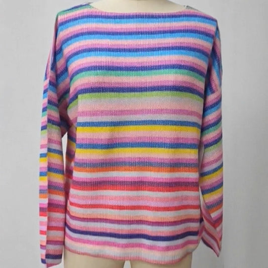 Women’s Rainbow Striped Sweater – Cozy Korean-Style Autumn Winter Knit Pullover, Soft & Elegant Oversized Look