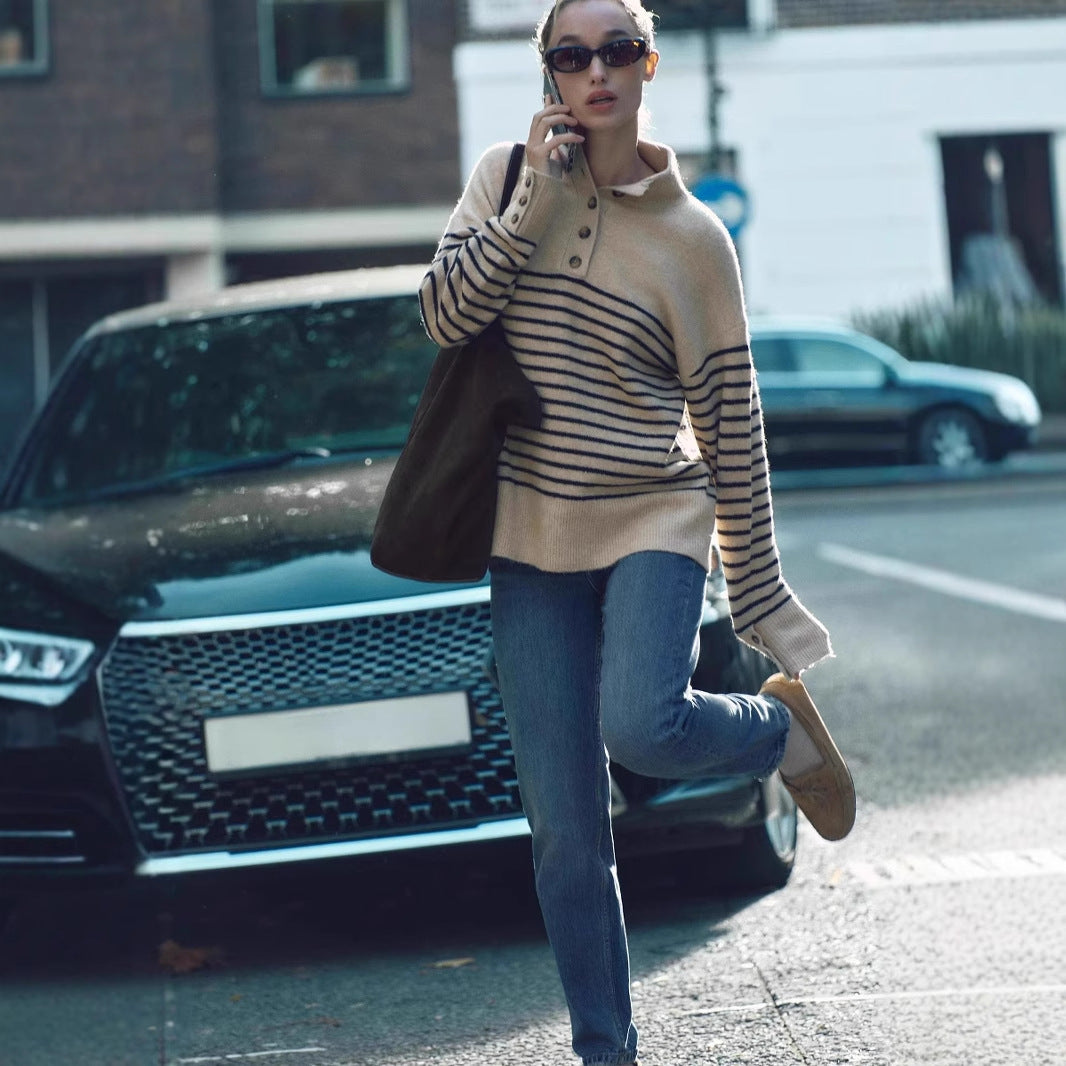 Women’s Autumn Winter Striped Knit Sweater – New Half Turtleneck Pullover Top
