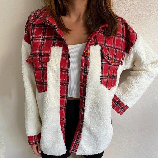 Women’s Fluffy Plaid Shirt Jacket | Single-Breasted Sweatshirt Cardigan SF