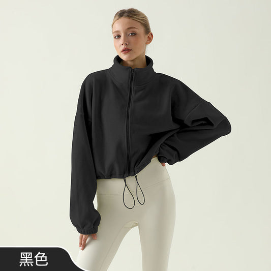 Women’s Thick Sherpa Fleece Yoga Jacket – Autumn Winter High Neck Drawstring Windproof Hoodie