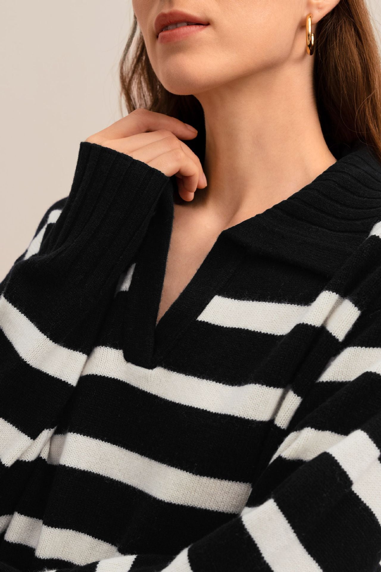 Women’s Autumn Winter Knit Sweater – Loose Fit Colorblock Polo Collar Pullover