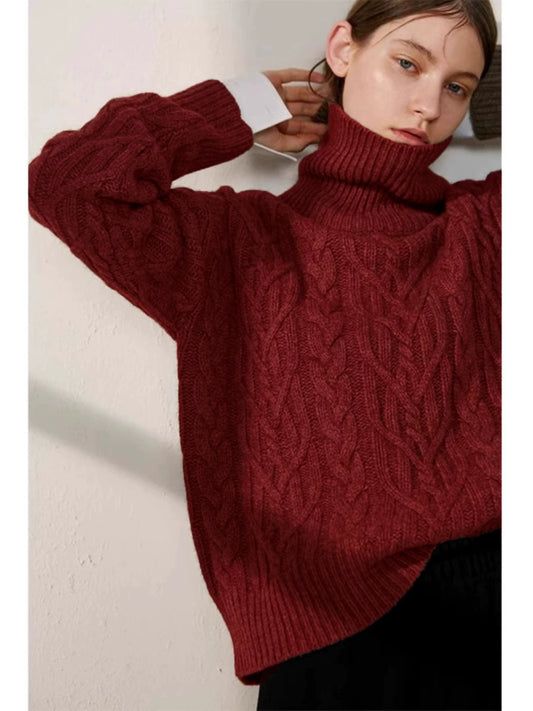 Maillard Cable-Knit Turtleneck Sweater – Soft Cozy Loose Fit Winter Knitwear