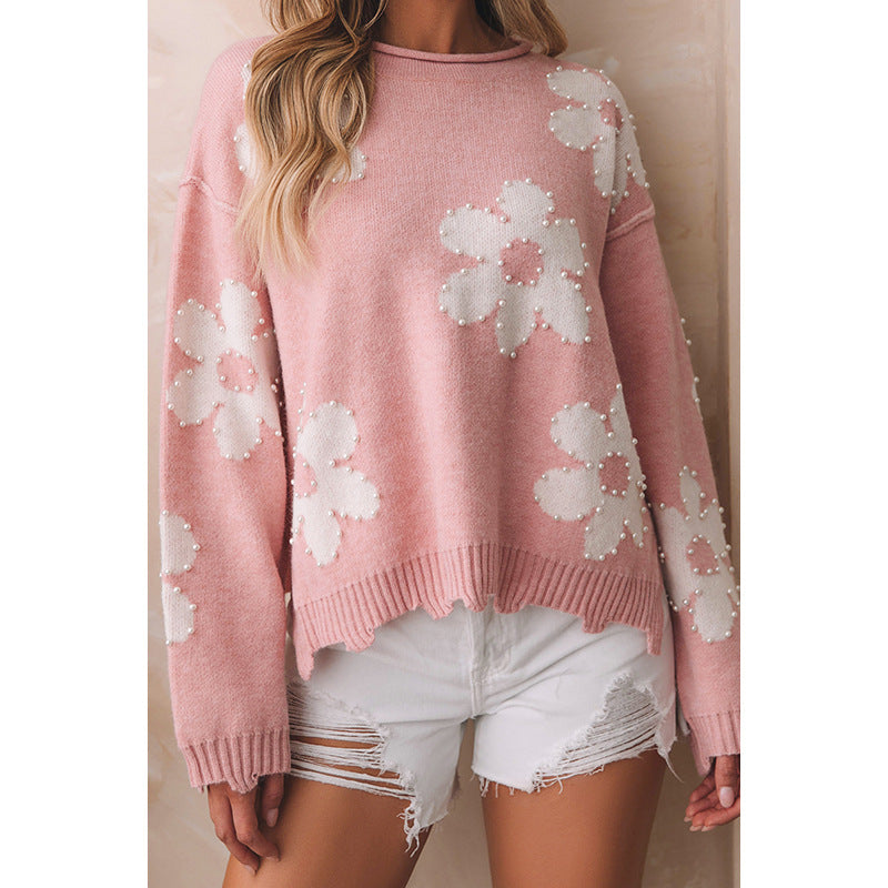 2025 Fall/Winter New Women’s Drop Shoulder Sweater – Sweet Pearl-Embellished Printed Knit Top