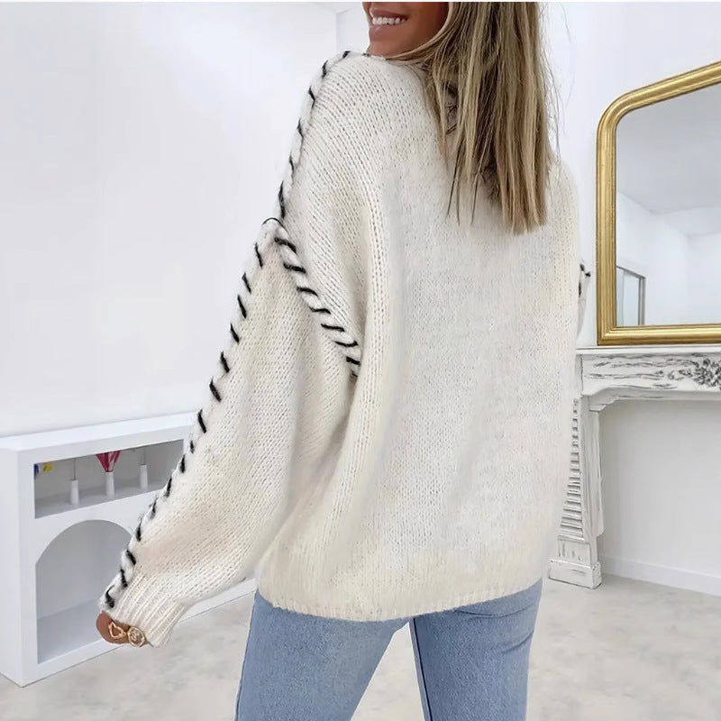 Women’s Solid Color Knit Sweater | Loose Fit Pullover with Drawstring Design · Casual Long Sleeve Top