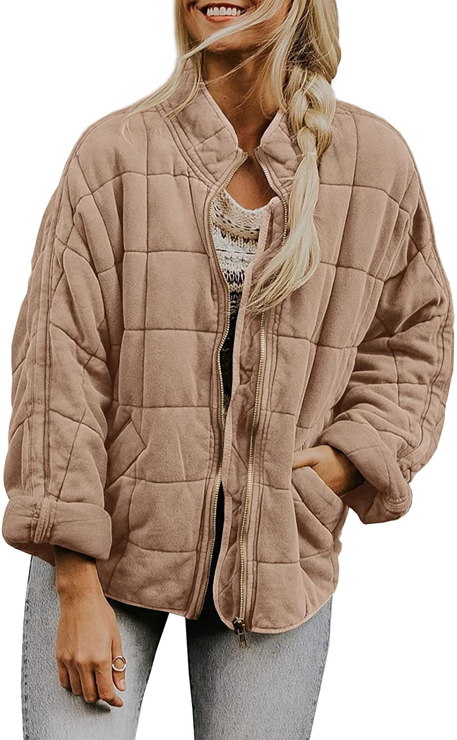 ✨ Solid Color Stand Collar Cotton Jacket for Women – Loose Fit Long Sleeve Pocket Coat