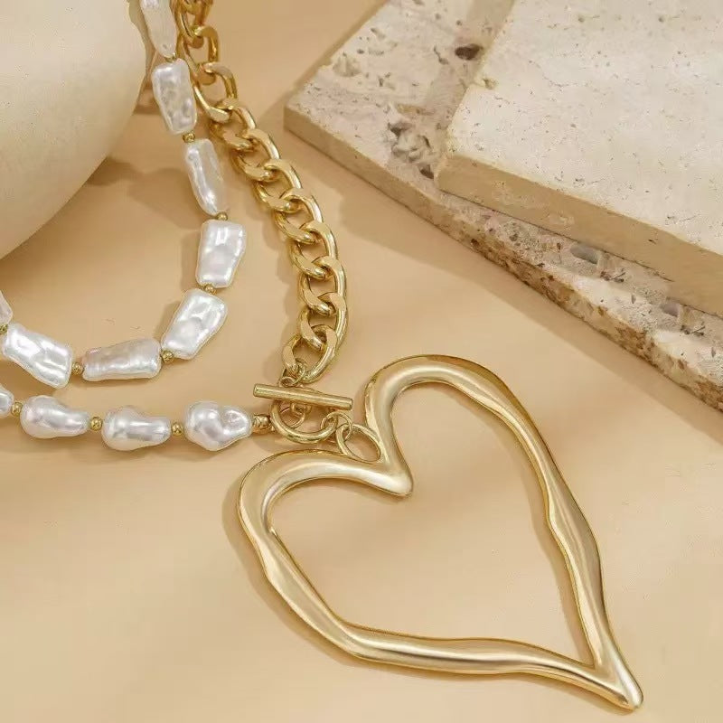 Sweet Cute Heart Beaded Necklace | Double Layer Baroque Faux Pearl Statement Jewelry