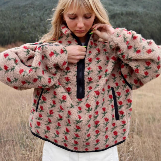 Women’s Floral Print Fleece Jacket | Cozy Plush Sweatshirt · Loose Fit Casual Outerwear