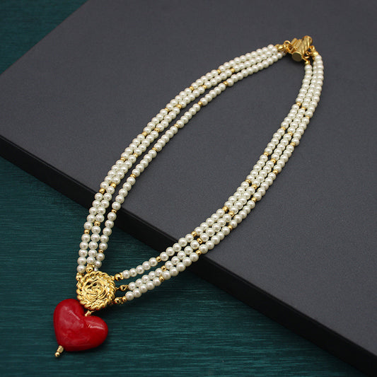 Handmade Red Heart Glass Necklace & Earrings Set | Vintage Pearl Jewelry with Clip-On Earrings