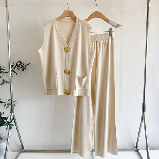 Women’s Gold Button V-Neck Knit Two-Piece Set | Loose Knit Sweater & Pants