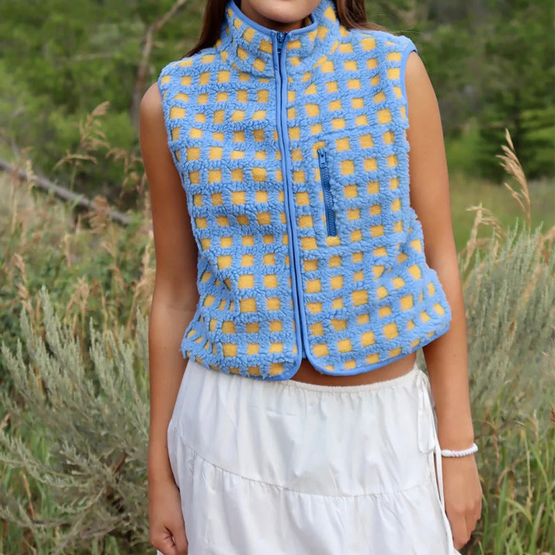 Plaid Fleece Vest for Women | New Sleeveless Stand Collar Vest