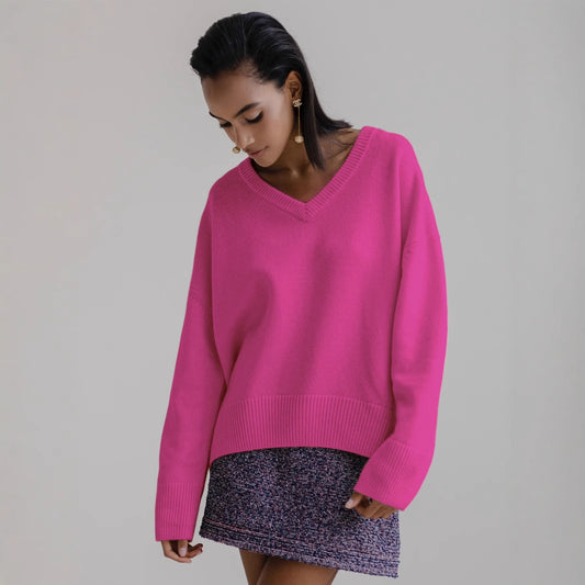 V-Neck Loose Knit Sweater for Women | Fall & Winter Long Sleeve Pullover