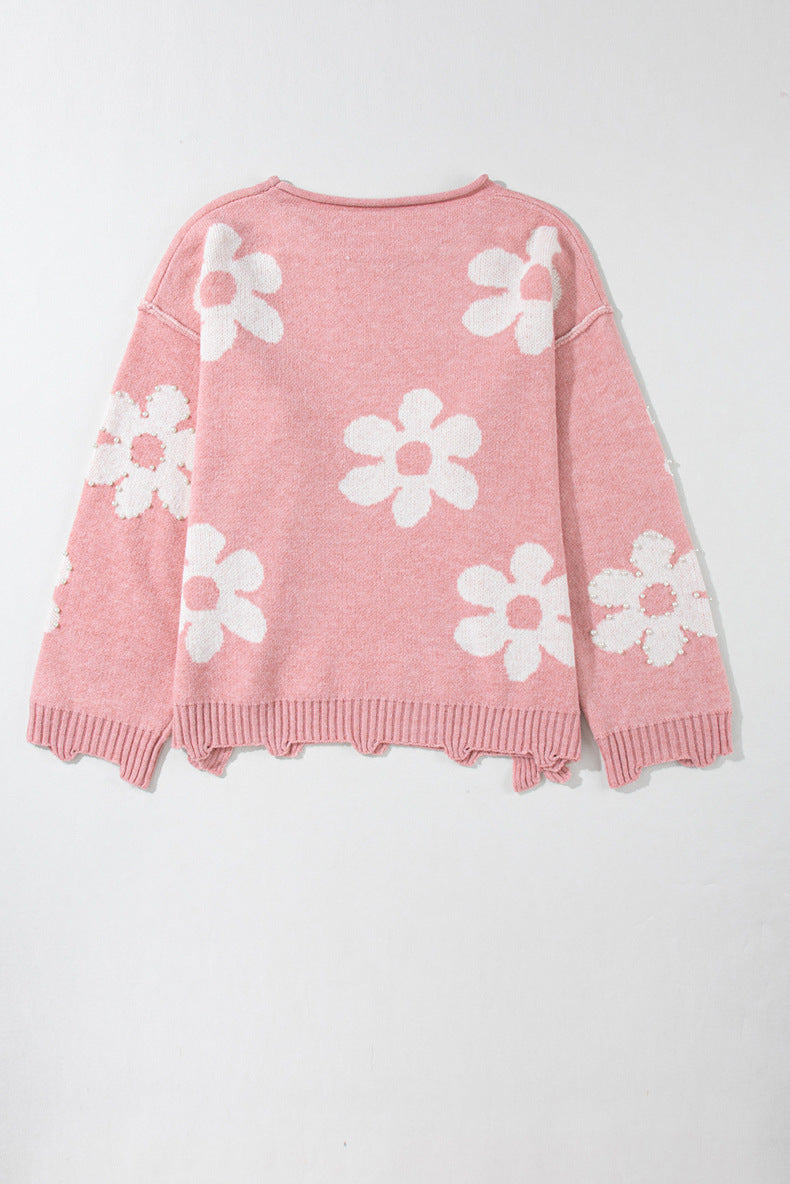 2025 Fall/Winter New Women’s Drop Shoulder Sweater – Sweet Pearl-Embellished Printed Knit Top