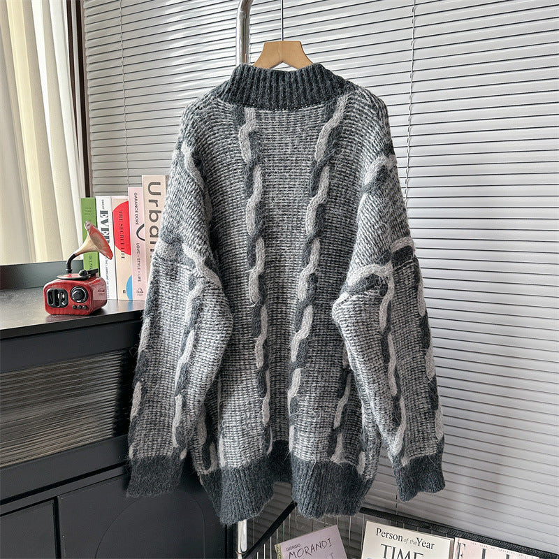 Autumn Winter 2025 Women’s Patch Pocket Denim Knit Cardigan – Loose Lazy Knit Sweater
