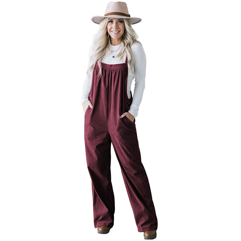Autumn 2025 Women’s Corduroy Overalls – Solid Color Multi-Pocket Jumpsuit