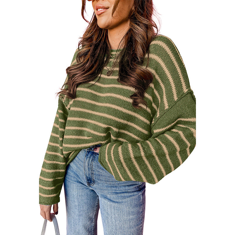 2025 Winter New Women’s Knit Sweater – Casual Loose Warm Pullover with Striped Patchwork Crewneck