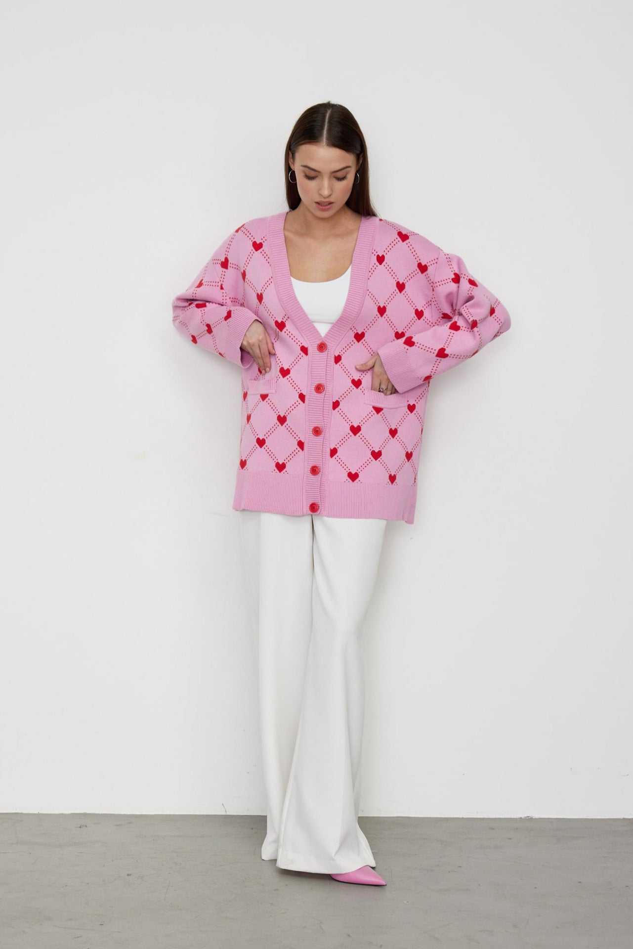 Heart Jacquard Cardigan for Women | Fall Knit Open Front Sweater