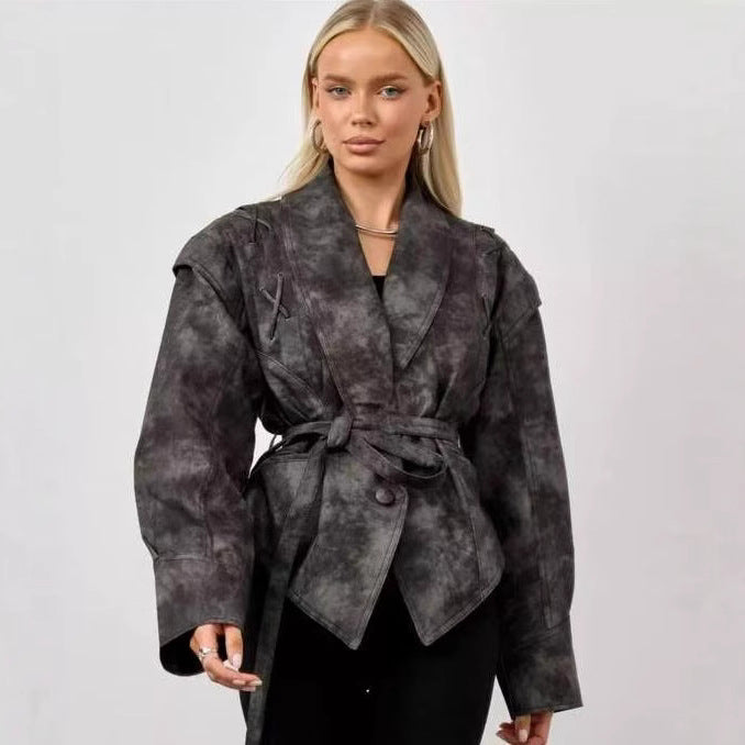 Women’s Retro Faux Leather Jacket – Autumn Street Style Tie-Waist Turn-Down Collar Outerwear