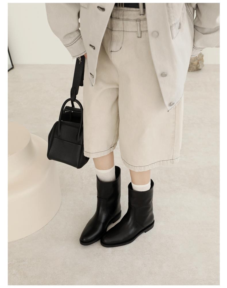 2025 Women’s Minimalist Cowhide Mid-Calf Boots – Pointed Toe Slip-On Flat Martin Boots, Autumn Winter