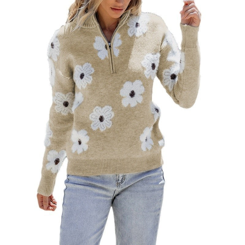 2025 Fall New Women’s Drop Shoulder Sweater – Casual Long Sleeve Floral Print Knit Top