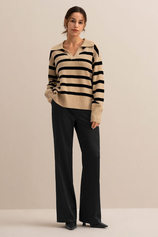 Women’s Autumn Winter Knit Sweater – Loose Fit Colorblock Polo Collar Pullover