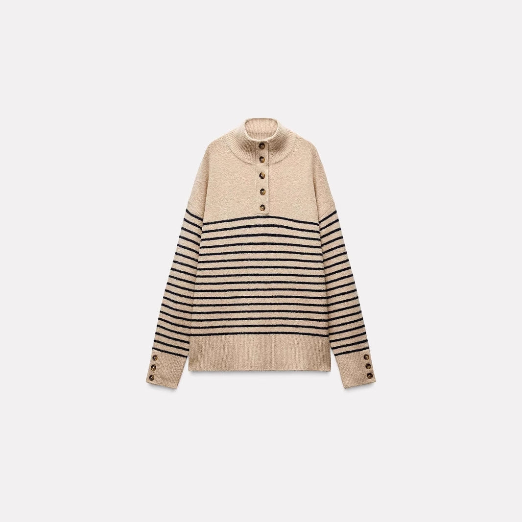 Women’s Autumn Winter Striped Knit Sweater – New Half Turtleneck Pullover Top