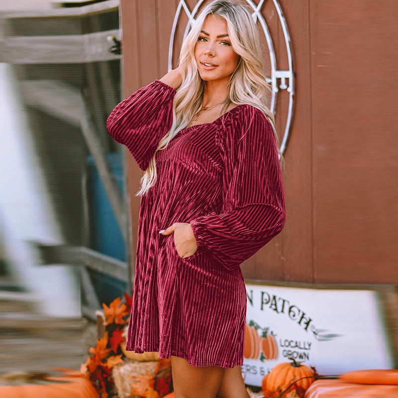 Autumn 2025 Women’s Velvet Dress – Square Neck Long Sleeve High-Waist Office Mini