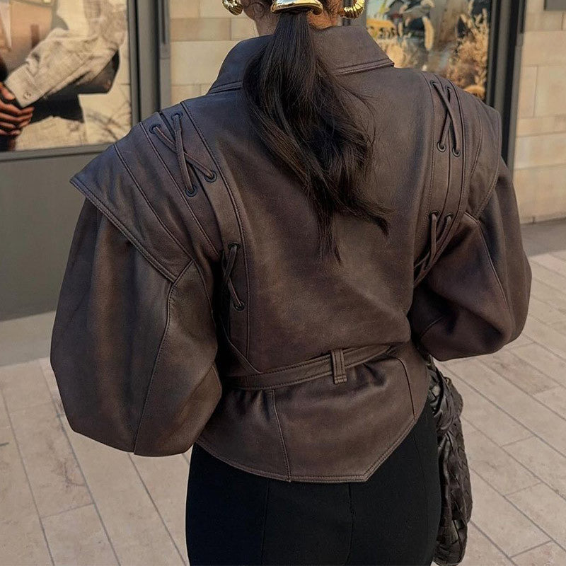 Women’s Retro Faux Leather Jacket – Autumn Street Style Tie-Waist Turn-Down Collar Outerwear