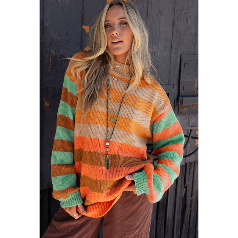 2025 Fall/Winter New Women’s Crewneck Long Sleeve Sweater – Casual Long Colorblock Pullover