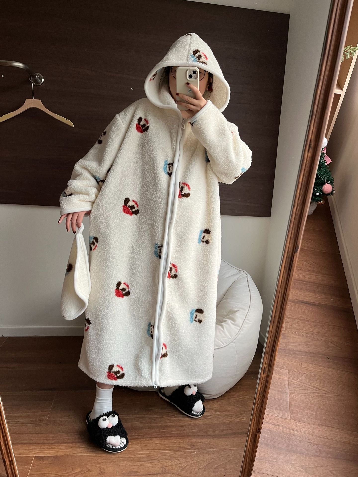 Striped Coral Fleece Hoodie Robe for Women | Thick & Warm Cozy Pajamas