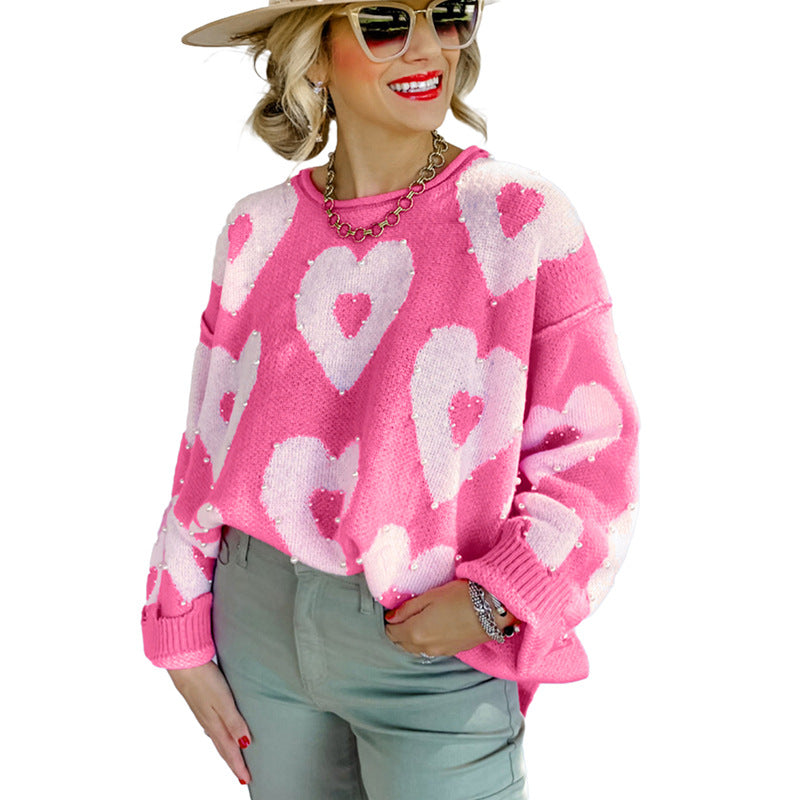 2025 Fall/Winter New Women’s Drop Shoulder Sweater – Sweet Pearl-Embellished Printed Knit Top