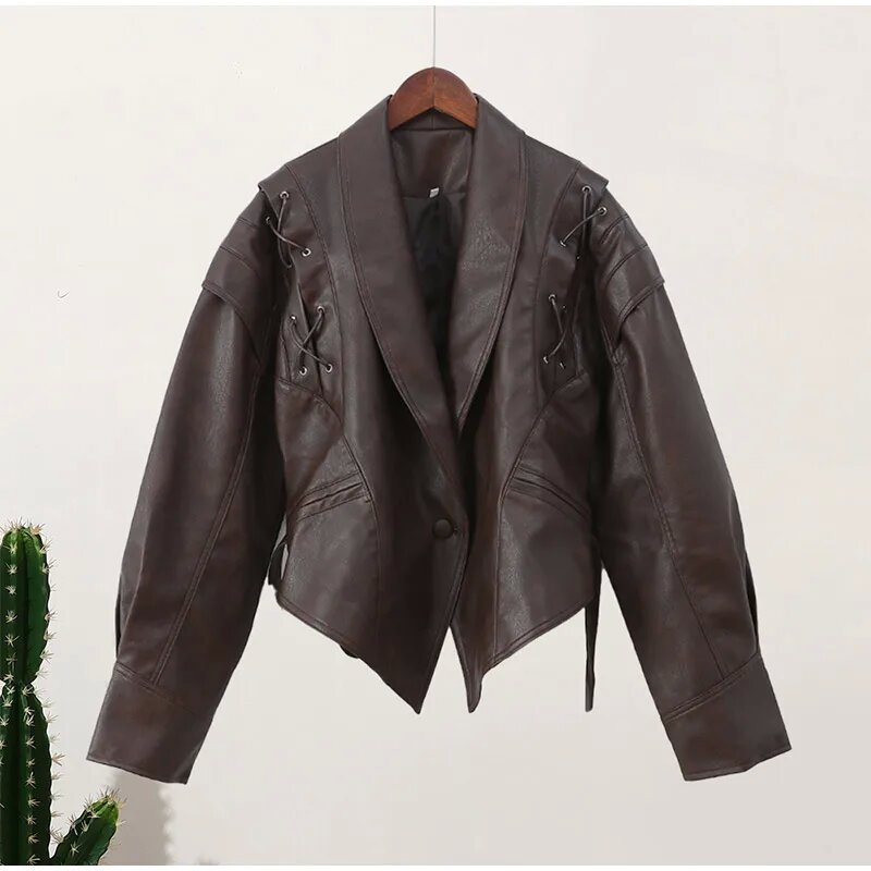 Women’s Retro Faux Leather Jacket – Autumn Street Style Tie-Waist Turn-Down Collar Outerwear