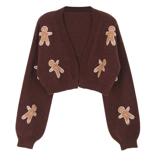 ✨ Cute Gingerbread Pattern Knit Cardigan for Women – Short Sweater Jacket Spring Autumn