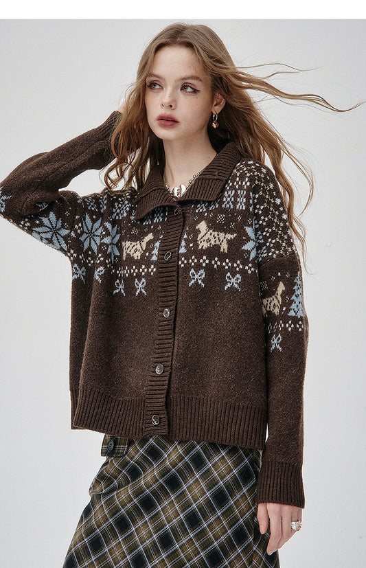 Fair Isle Christmas Polo Sweater – Vintage Relaxed Fit Winter Knit for Women