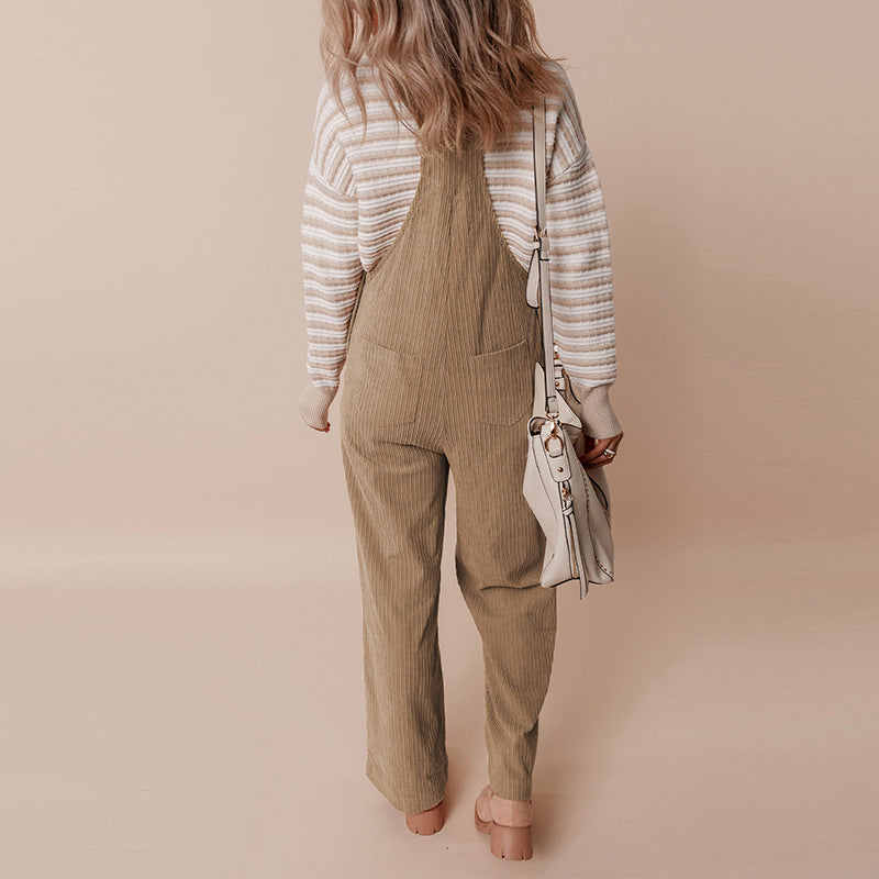 Autumn 2025 Women’s Corduroy Overalls – Solid Color Multi-Pocket Jumpsuit