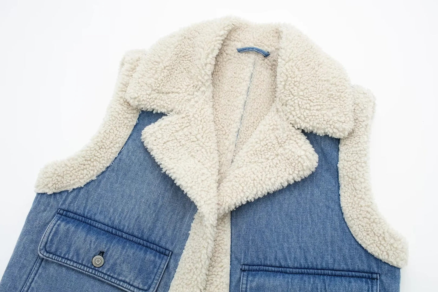 Women’s Sherpa Vest – Autumn Winter Cotton Faux Leather Moto Lambswool Open-Front Gilet