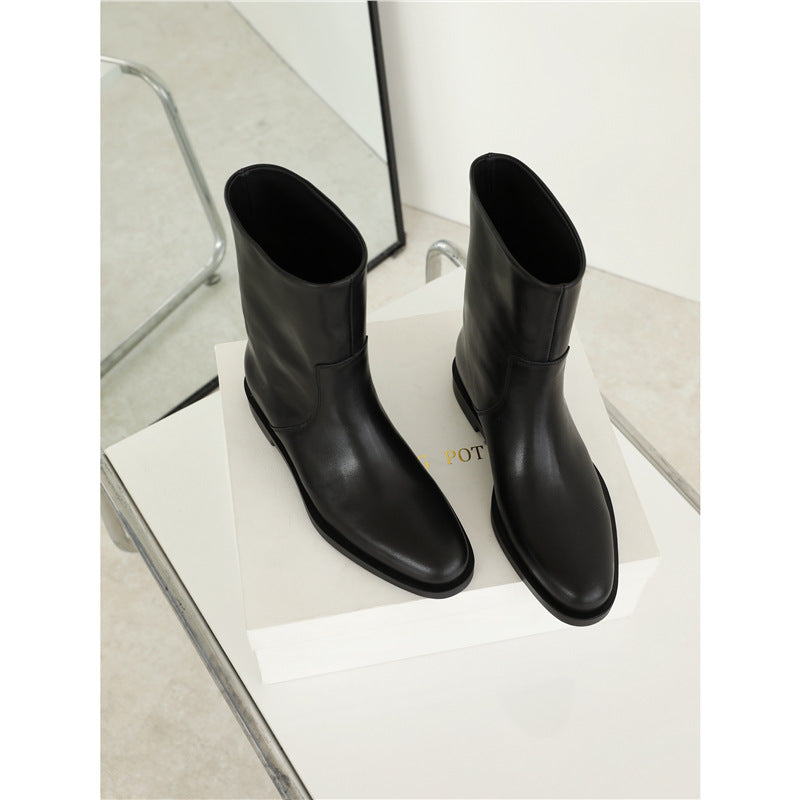 2025 Women’s Minimalist Cowhide Mid-Calf Boots – Pointed Toe Slip-On Flat Martin Boots, Autumn Winter