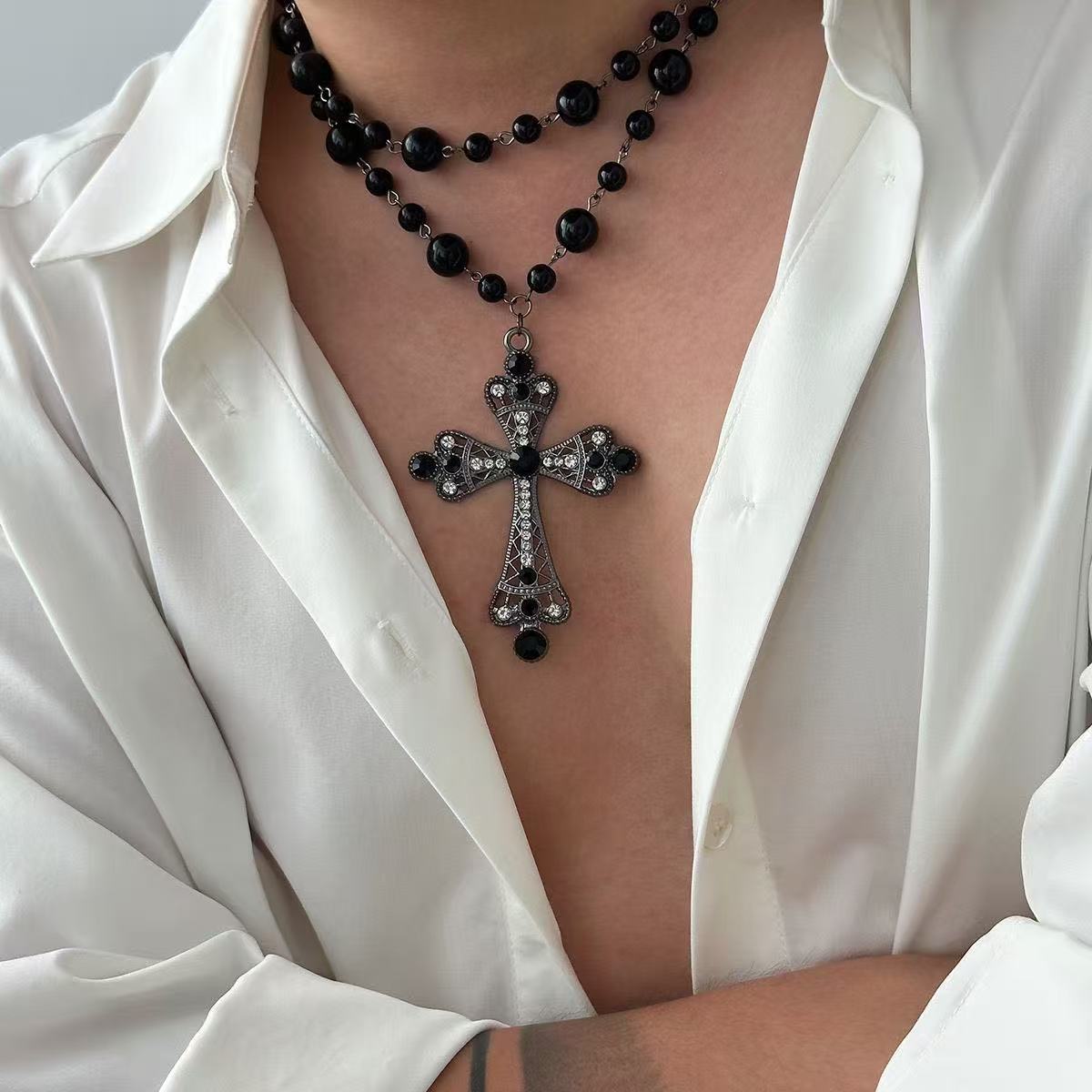 Fashion Multi-Layer Faux Pearl Cross Choker | INS Geometric Alloy Collar Necklace for Women
