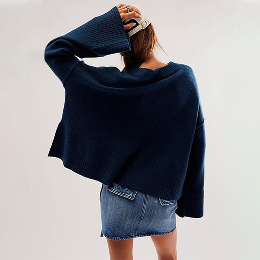 2025 Fall Winter Solid Color Knit Sweater | Women’s Fashion Crew Neck Pullover with Flared Sleeves