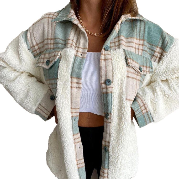 Women’s Fluffy Plaid Shirt Jacket | Single-Breasted Sweatshirt Cardigan SF