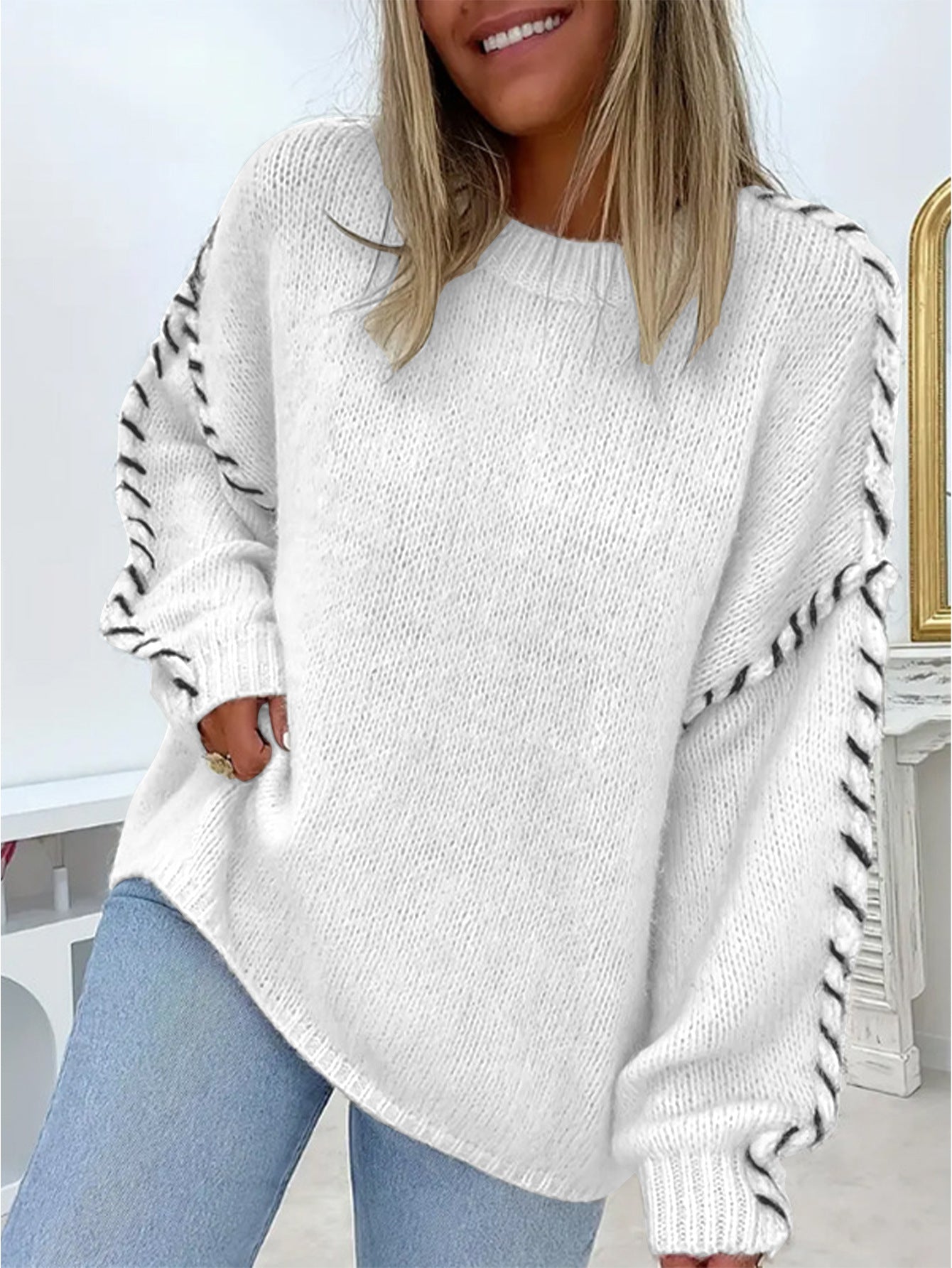 Women’s Solid Color Knit Sweater | Loose Fit Pullover with Drawstring Design · Casual Long Sleeve Top