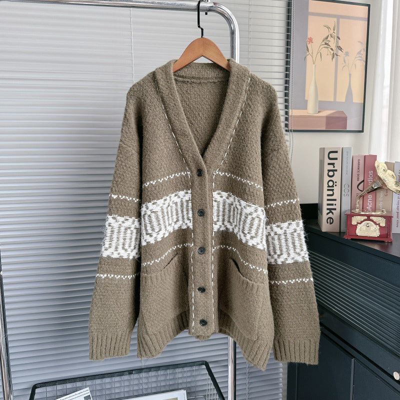 Autumn Winter 2025 Women’s Handmade Stitch V-Neck Cardigan – Loose Lazy Knit Sweater