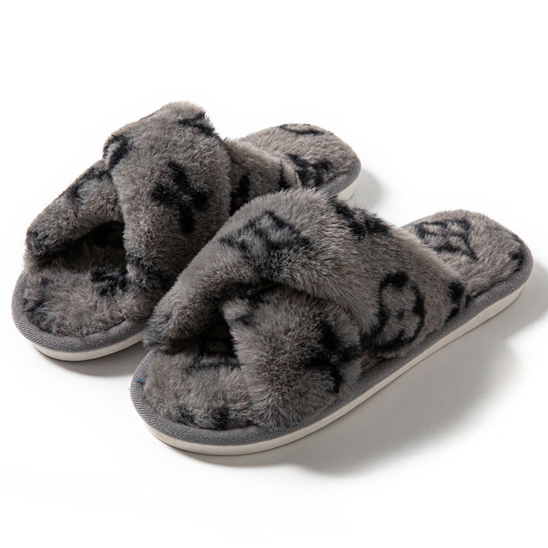 Women’s Open-Toe Slippers – Clover Cross Strap Faux Rabbit Fur Slides, All-Season