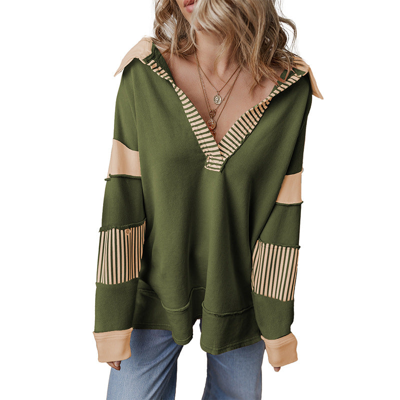 Casual Loose V-Neck Sweatshirt for Women – 2025 Fall New Striped Patchwork Pullover Top