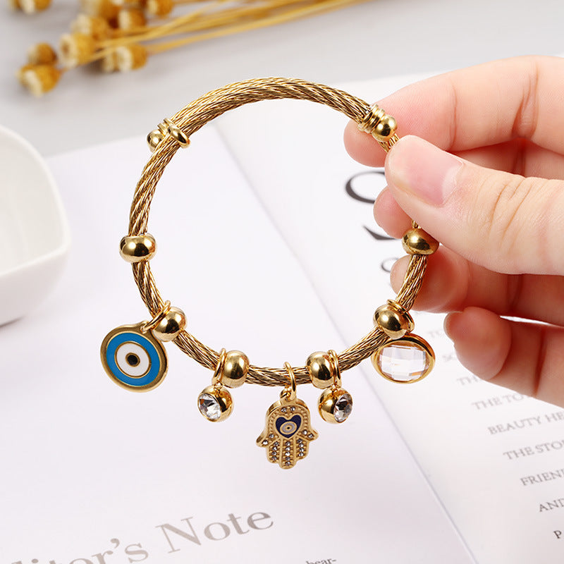 18K Gold Plated Stainless Steel Adjustable Hamsa Hand Bracelet | Women’s Titanium Steel Diamond Accent Jewelry