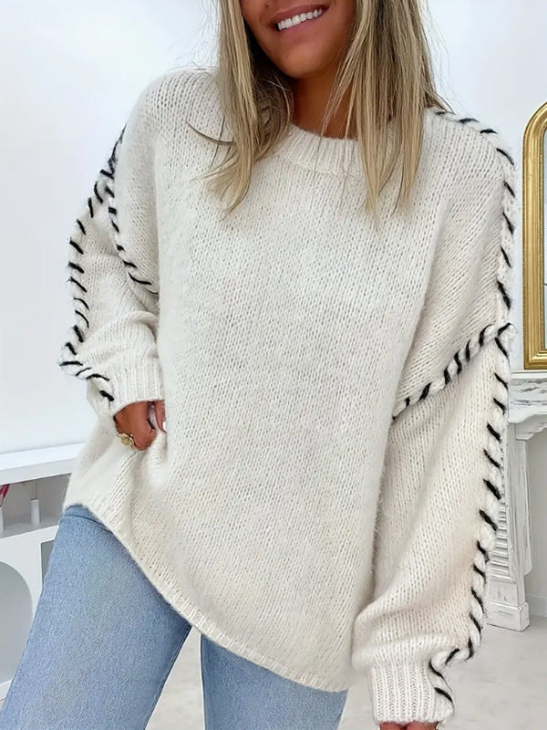 Women’s Solid Color Knit Sweater | Loose Fit Pullover with Drawstring Design · Casual Long Sleeve Top