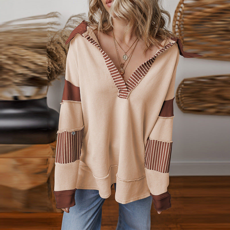 Casual Loose V-Neck Sweatshirt for Women – 2025 Fall New Striped Patchwork Pullover Top