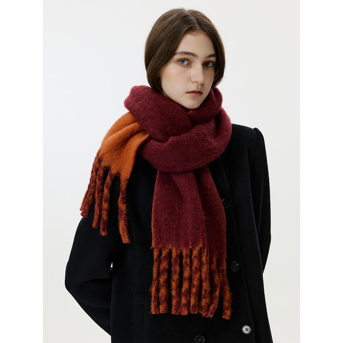 Women’s Wool Tassel Scarf – Thick Warm Winter Shawl, Korean-Style Two-Tone Narrow Double-Sided Wrap